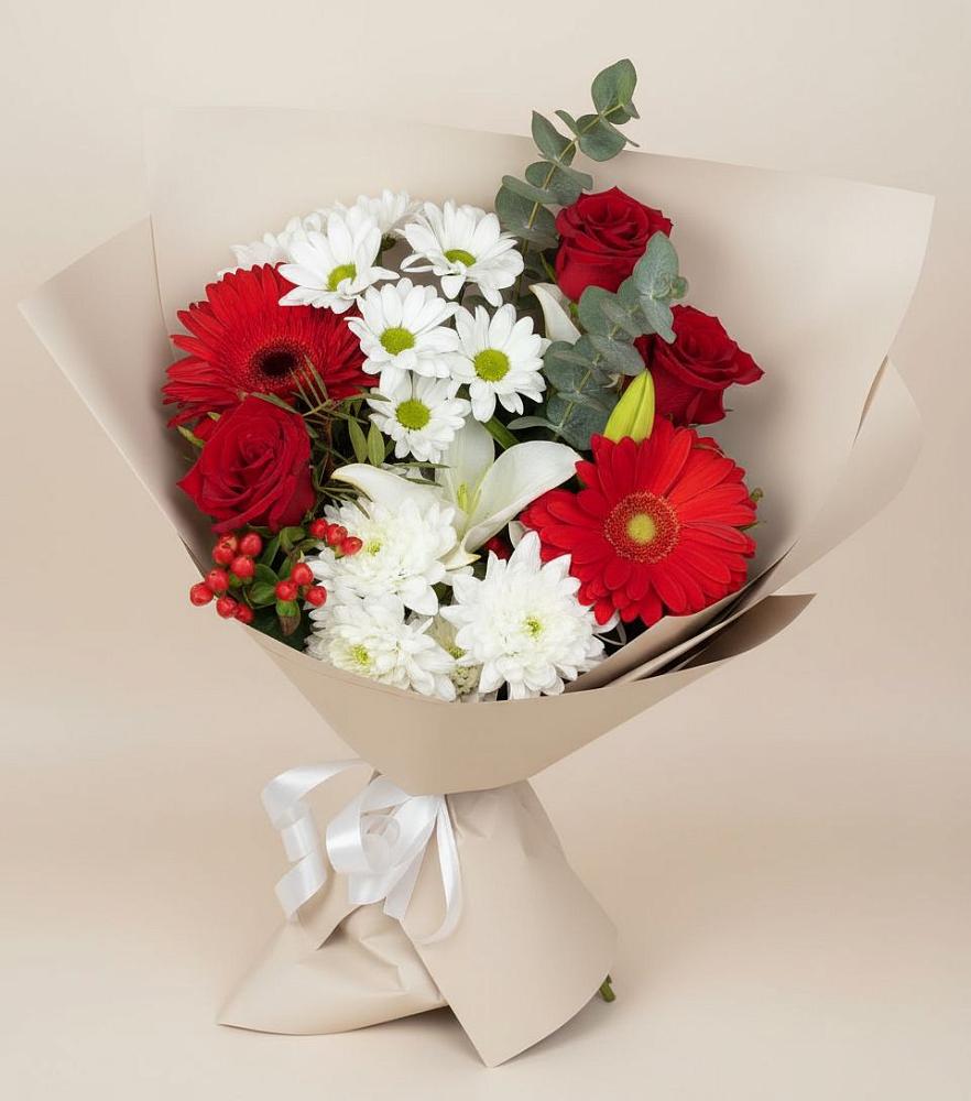 Букет цветов из: Розы, Хризантемы, Герберы и Лилии в Воскресенске