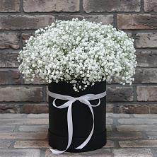 Цветочная композиция из Гипсофила в шляпной коробке в Воскресенске