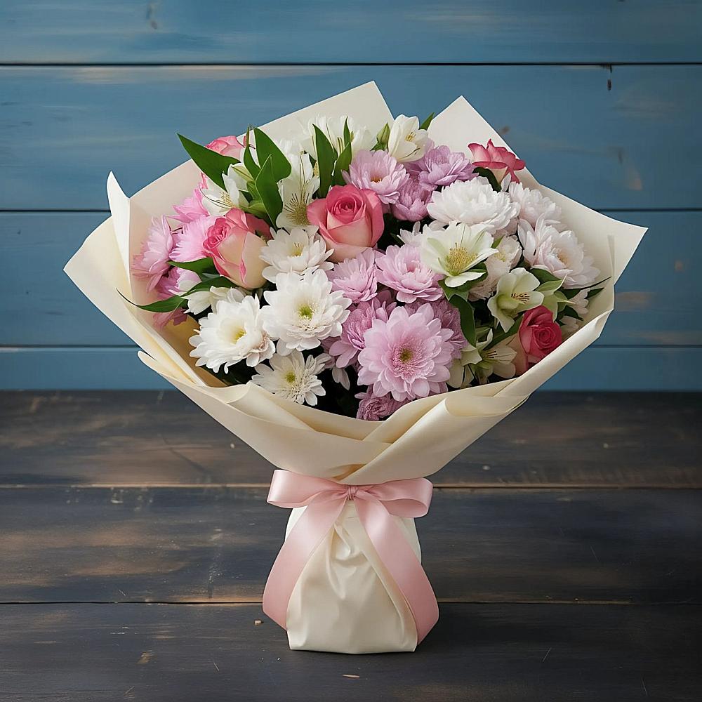 Букет цветов из: Хризантемы, Альстромерии и Розы в Воскресенске